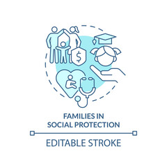 Families in social protection turquoise concept icon. Social protection activity abstract idea thin line illustration. Isolated outline drawing. Editable stroke. Arial, Myriad Pro-Bold fonts used
