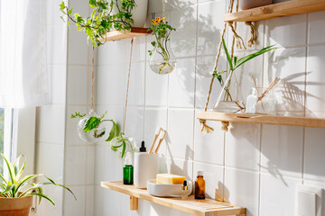 Wooden shelves with cosmetics and toiletries against white tile wall with biophilic and eco friendly design. Hanging glass pots with green plants