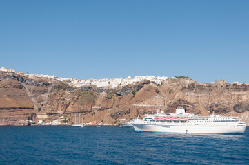 Calera cliffs of the island of Santorini as seen from the sea by cruise ships in Greece