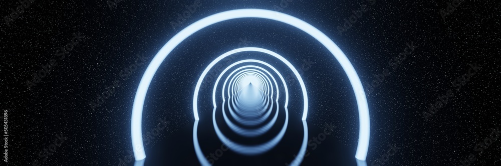 Canvas Prints Abstract futuristic glowing Circles Neon light tunnel star space background panorama 3D rendering