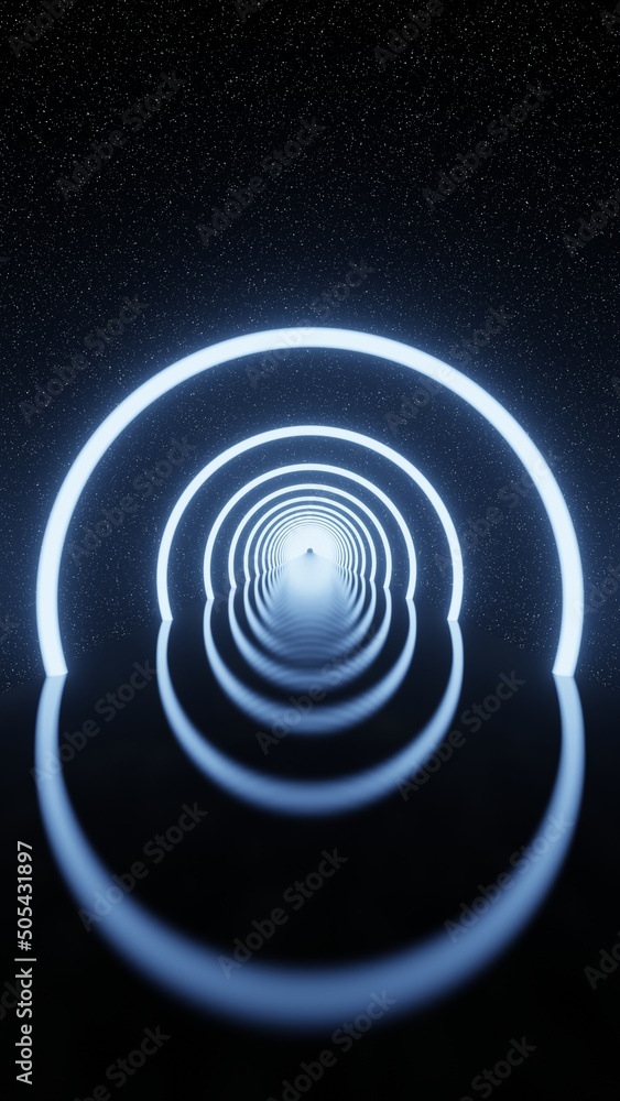 Poster abstract futuristic glowing circles neon light tunnel star space background vertical 3d rendering