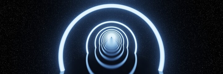 Abstract futuristic glowing Circles Neon light tunnel star space background panorama 3D rendering