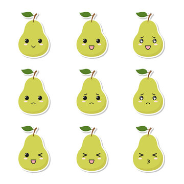 Set of pear stickers with kawaii emoji.