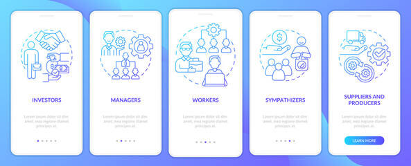 Members categories blue gradient onboarding mobile app screen. Business walkthrough 5 steps graphic instructions pages with linear concepts. UI, UX, GUI template. Myriad Pro-Bold, Regular fonts used