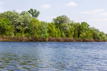 Urban landscape of Kyiv neighborhood. the Dnieper River in Ukraine