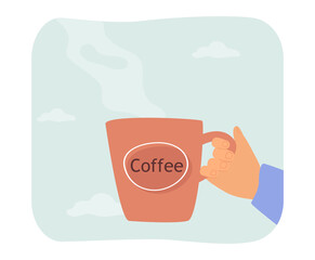 Hand holding mug of coffee. Hot beverage in red cup. Drinking, food concept for banner, website design or landing web page