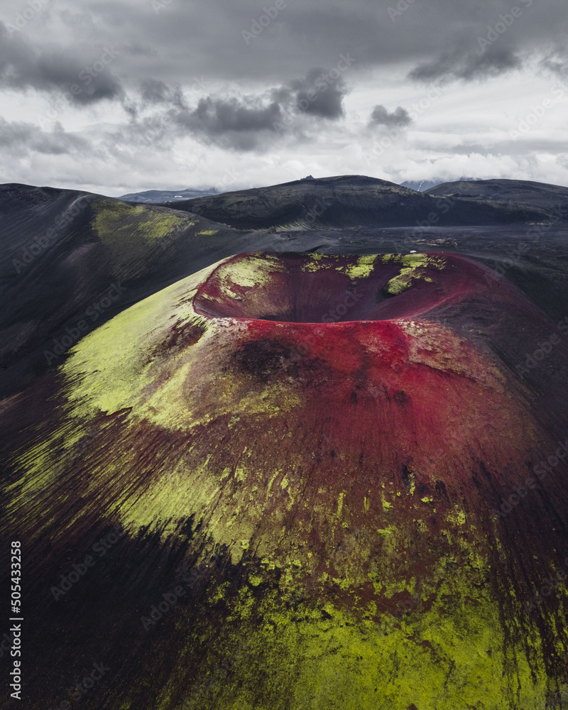 Wall mural Bird's eye view of a colorful volcano, Apple crater,Iceland, unique and interesting volcanic crater.