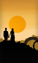 Silhouette of love couple on sunset. Modern silhouette art