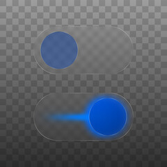On Off toggle switches buttons isolated vector icons glass morphism style. Blue light beam indicator. Modern web design mobile interface switch button elements. Vector illustration.