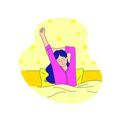 Vector Cartoon Waking Up Girl in Bright Pink Pajamas Smiling, Fresh Morning, Good Morning Wake Up Concept After Sleep Healthy Condition.