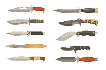 Colorful combat knives or daggers cartoon illustration set. Warrior blades, hunting or military knives, steel swords, stainless machete or jackknife on white background. Weapon, protection concept - obrazy, fototapety, plakaty