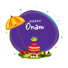 Happy Onam Celebration Concept With Umbrella, Worship Pot, Fruit, Flower, Lit Oil Lamp (Diya) Over Banana Leaf On Purple And White Background.