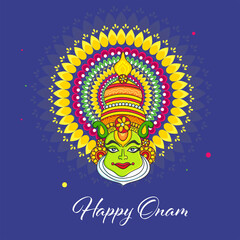 Happy Onam Greeting Card With Kathakali Dancer Face On Blue Background.