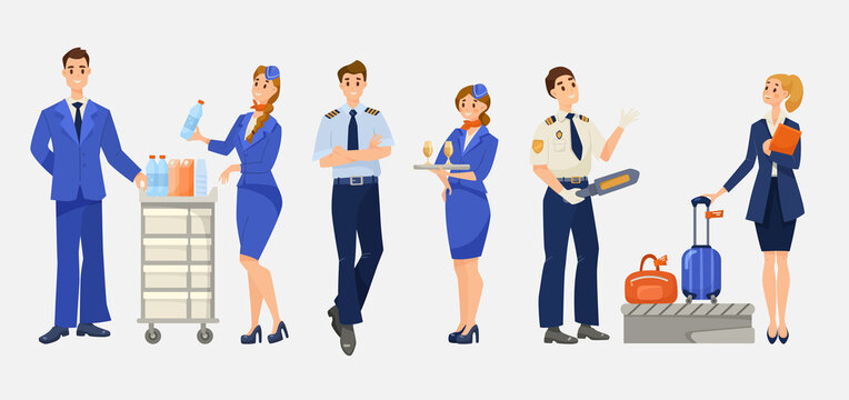 Airplane or airline staff cartoon illustration set. Stewardess, steward, pilot, male and female flight attendant in uniform, passenger going through airport security. Aviation, aircraft crew concept