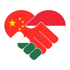 Handshake symbol in the colors of the national flags of China and Hungary, forming a heart. The concept of peace, friendship.