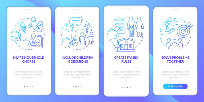 Encouraging teamwork blue gradient onboarding mobile app screen. Walkthrough 4 steps graphic instructions pages with linear concepts. UI, UX, GUI template. Myriad Pro-Bold, Regular fonts used