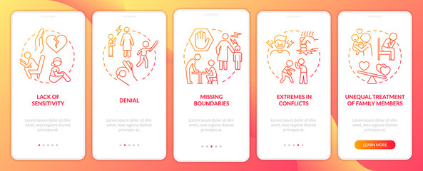 Fototapeta premium Dysfunctional family signs red gradient onboarding mobile app screen. Walkthrough 5 steps graphic instructions pages with linear concepts. UI, UX, GUI template. Myriad Pro-Bold, Regular fonts used