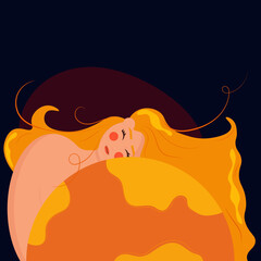A woman embracing the planet Sun . A girl hugging the planet. Concept of environmental conservation. Vector illustration.