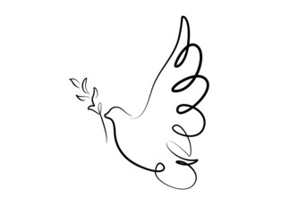 Illustration dove with a sprig of peace on white background. Vector silhouette of peace sign drawn in monoline in flat style.