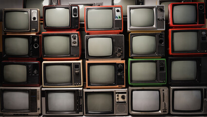 Old retro televisions pile and blank screen display. Many old TVs piled together on floor in the...