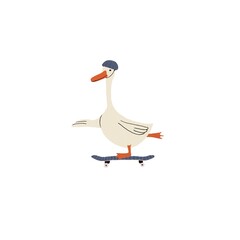 Illustration with goose on a skateboard. White Farm animal in violet helmet on violet skate.Print with extreme sports for kids design, fabric, wallpapers, textile, nursing, paper, books, toys.Isolated © Инна Назарова
