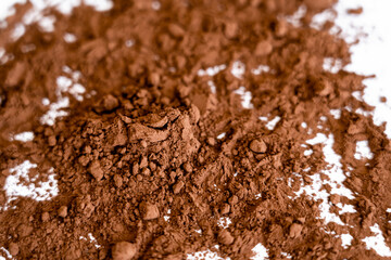 Close up view of dry cocoa on white background.