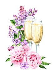 Glass of champagne and Decorative bouquet of flowers for a festive greeting card, invitation, leaflet. Hand drawn watercolor illustration isolated on white background