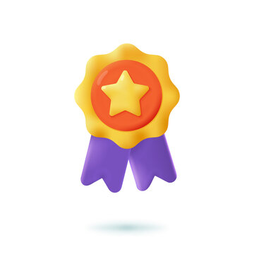 Gold badge with star 3d cartoon style icon on white background. Emblem, medal or award for high quality of products or service flat vector illustration. Success, rating system concept
