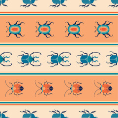 Colorful striped seamless pattern with retro bugs. Vector print with stripes and bugs.