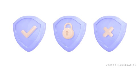 3d render secure shield with padlock, checkmark symbol icon. Concept safety access, security guarantee, protect, safe. Realistic vector illustration