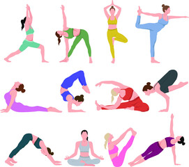 Set of slim athletic young woman doing yoga and fitness. Healthy lifestyle. Collection of female cartoon characters demonstrating various yoga positions isolated on white background - vector
