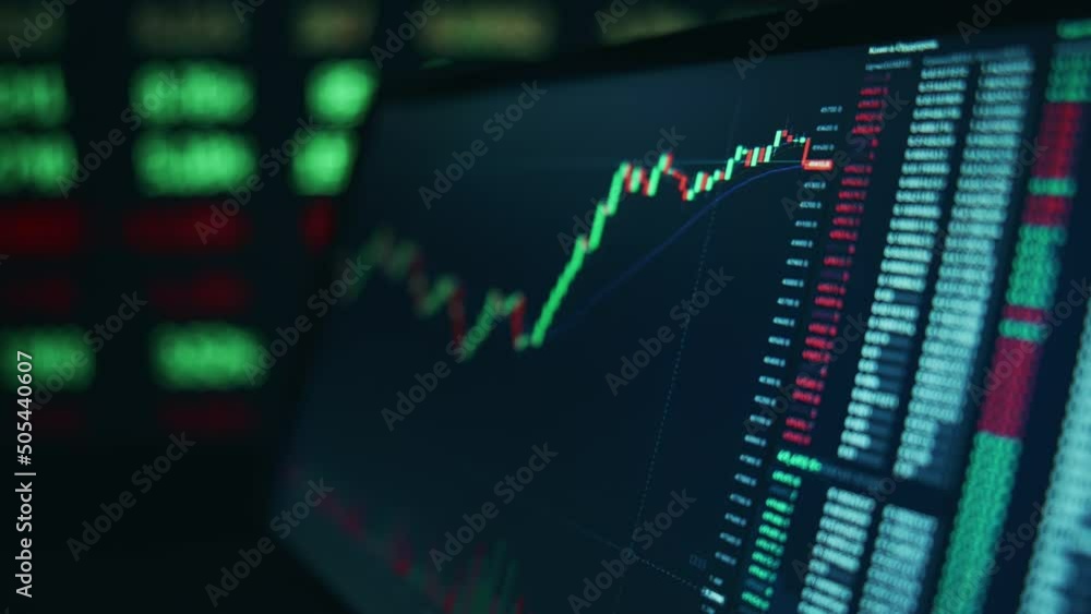 Poster stock market candles and information of exchange with data of price on the tablet screen. financial 