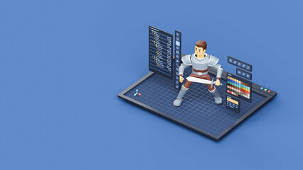 Game design development create characters animate pose 3d graphics artwork.Video game designer developer Creative software. 3d rendering.