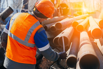 Builder in helmet and vest measures diameter of pipe. Workflow. Open warehouse with metal pipes....