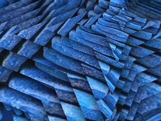 patterns of many bright blue rectangular steel bars viewed from the ends