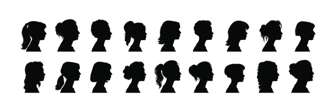 Set of diversity women silhouette portraits. Female head, face profile, vignette. Hand drawn illustration for invitation, postcard. Portraits of beautiful girls with a hairstyle. Vector. 
