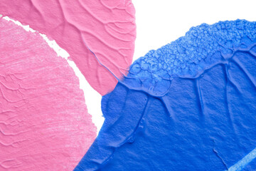 blue pink yellow abstract acrylic painting color texture on white paper background by using rorschach inkblot method