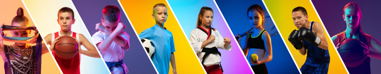 Collage of different little sportsmen in action and motion isolated on multicolored background in...