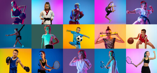 Collage of different little athletess, sportsmen in action and motion isolated on multicolored...