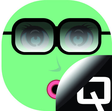 A character of green avatar with a letter Q and black glasses. Alphabetical cartoon face with a letter Q