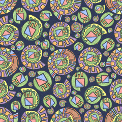 Naklejka premium Geometric abstract spirals, shells. Seamless pattern on a blue background. Hand-drawn with colored pencils. Multicoloured. For decoration and design of textiles, clothing, background, paper.