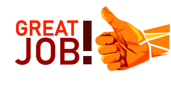 Vector illustration of orange thumbs up symbol with "GREAT JOB!" text on white background