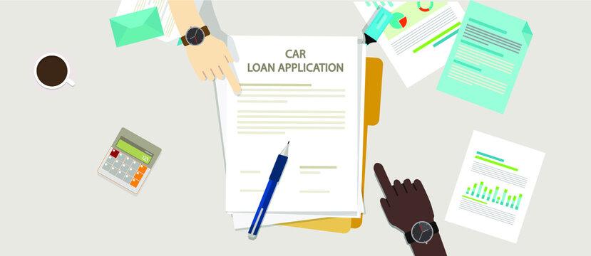 Vector Of Hands And Car Loan Application Papers On A Table