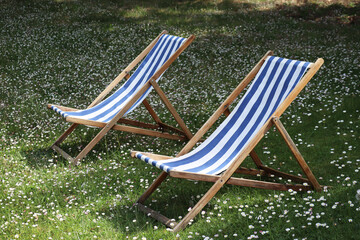 Two sun loungers in the garden, on green grass with daisies