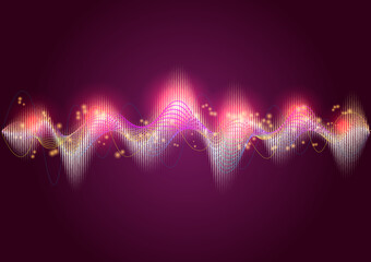 Sound wave and wireframe among glitter, abstract background.