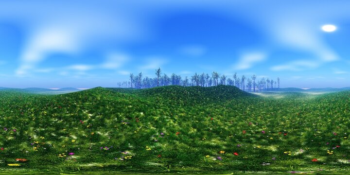 Meadow of green grass with flowers,, HDRI,  environment map , Round panorama, spherical panorama, equidistant projection, panorama 360, 3d rendering