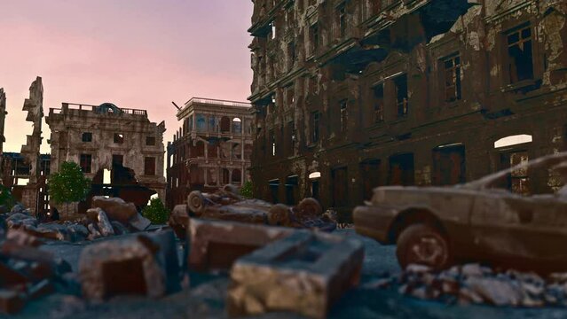 War, Destroyed City, Destroyed Houses. 4K Professional 3d rendering.