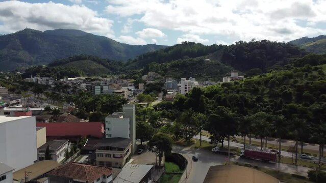 Small and organized country town with lots of vegetation, aerial drone view, Venda Nova do Imigrante, Espirito Santo, Brazil,