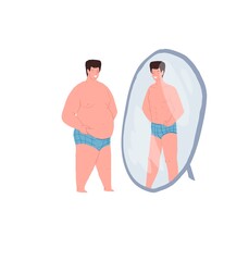 Vector cartoon flat character misjudging appearance,fat man looks in mirror and seeing thin person-metaphor of inadequate self-esteem,psychological problems treatment and therapy concept