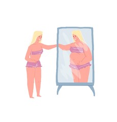 Vector cartoon flat character misjudging appearance,skinny woman looks in mirror and seeing fat person-metaphor of inadequate self-esteem,psychological problems treatment and therapy concept